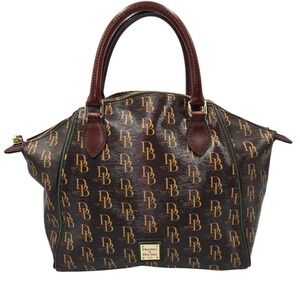Dooney & Bourke Monogram Satchel Bag Brown Gold DB‎ Logo 1975 Leather Trim